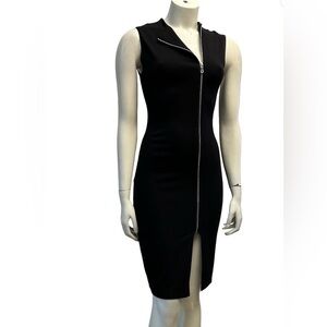 Stella Luce Elegant Fitted Black Midi Dress with Off Side Front Zipper